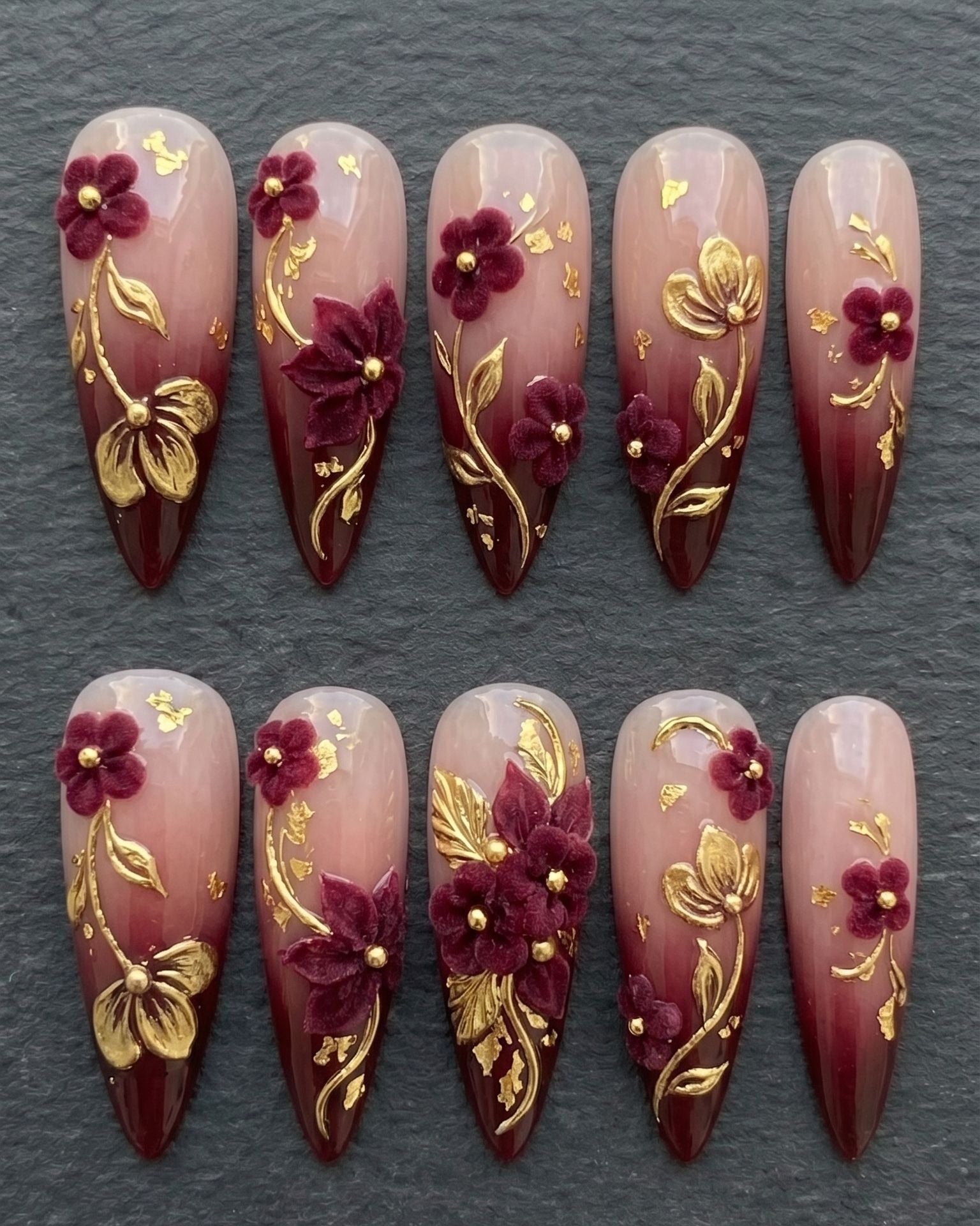 Burgundy Gold 3D Floral Press-On Nails | Velvet Flower & Gold Vine | Custom Press-On Nails
