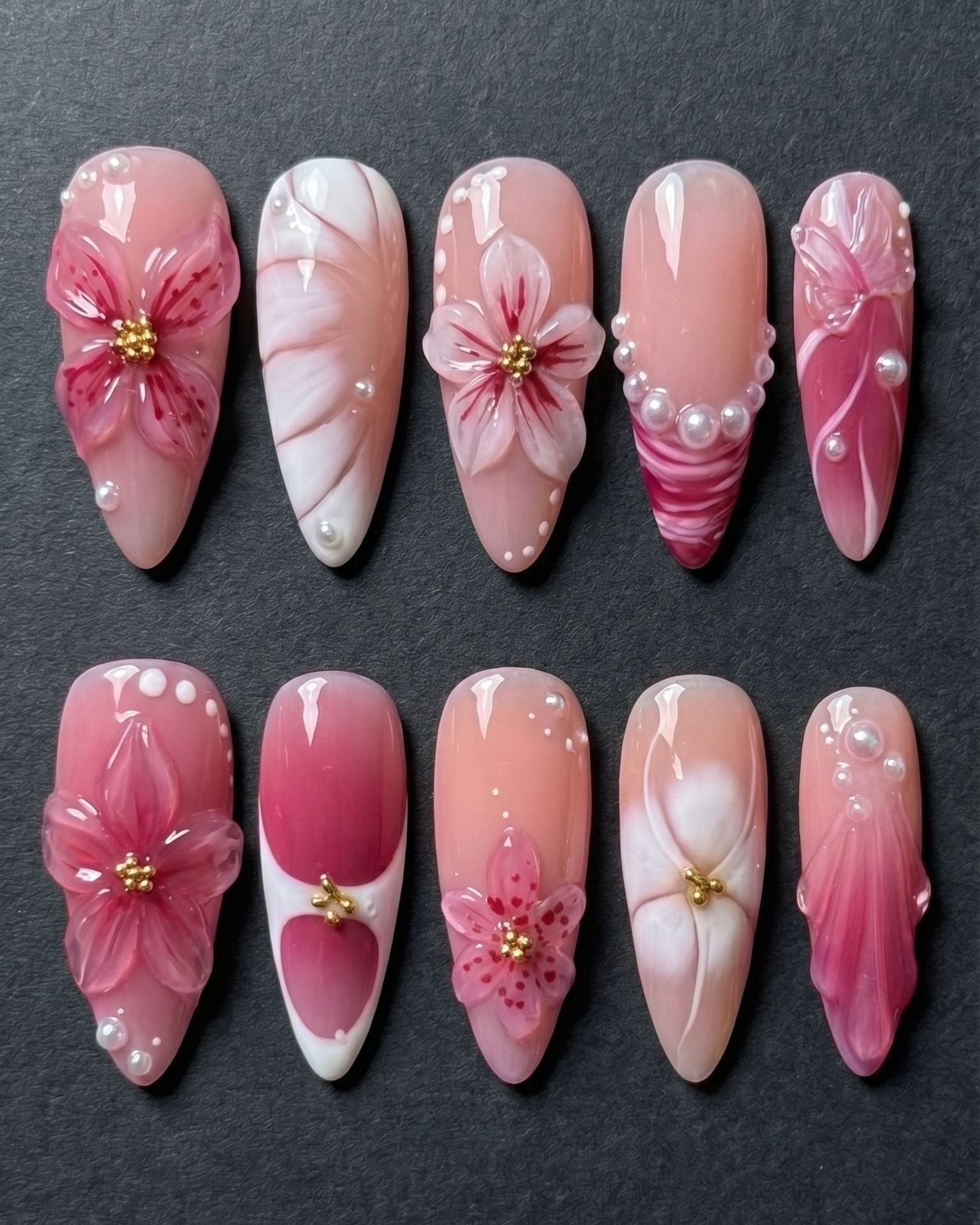 3D Cherry Blossom Pearl Press-On Nails | Almond Stiletto Pink Floral | Custom Press-On Nails | LuxepressCo