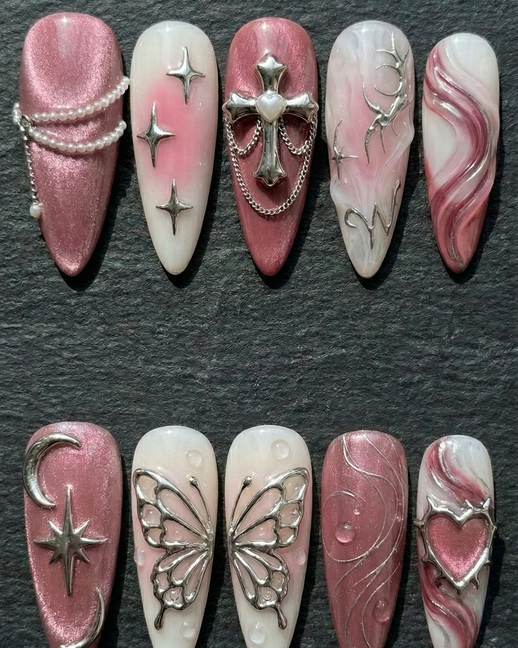 3D Gothic Cross & Butterfly Charm Press-On Nails | Pink Marble Almond | Custom Press-On Nails — LuxepressCo