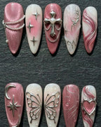 3D Gothic Cross & Butterfly Charm Press-On Nails | Pink Marble Almond | Custom Press-On Nails — LuxepressCo