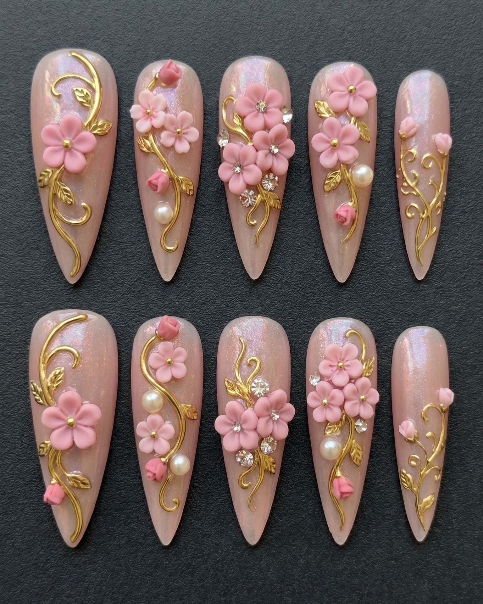 3D Pink Floral & Gold Vine Stiletto Press-On Nails | Custom Press-On Nails