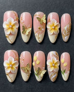 3D Plumeria Flower & Gold Butterfly Press-On Nails | Custom Press-On Nails