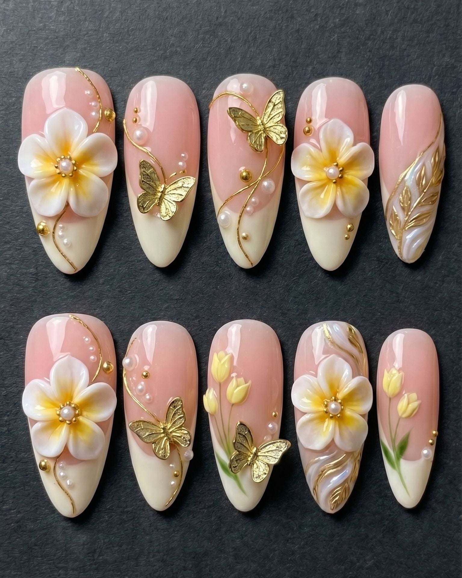 3D Plumeria Flower & Gold Butterfly Press-On Nails | Custom Press-On Nails