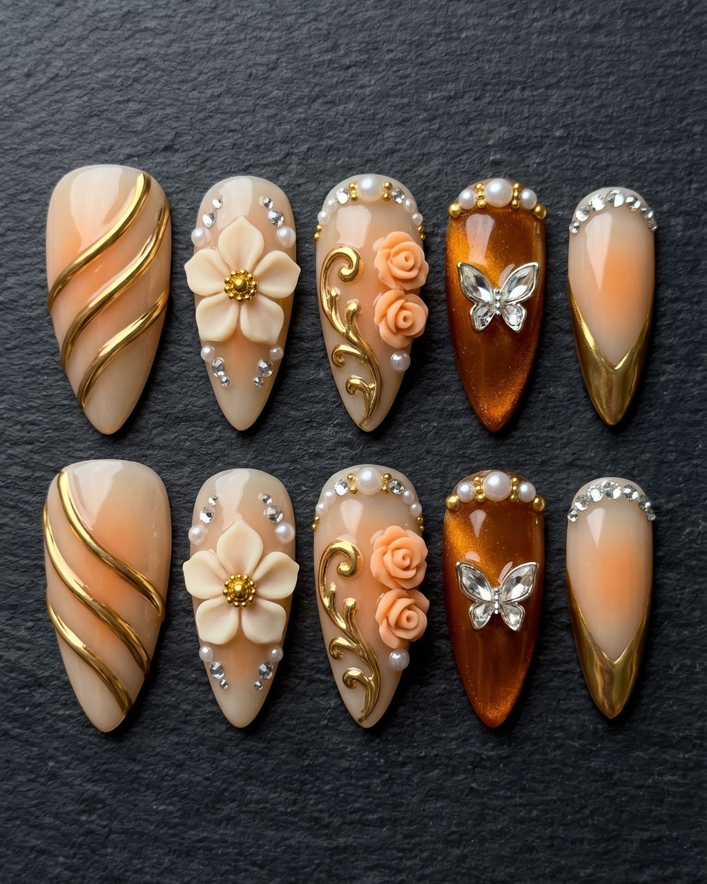 3D Gold Baroque Floral Butterfly Press-On Nails | Champagne Nude Amber | Custom Press-On Nails | LuxepressCo