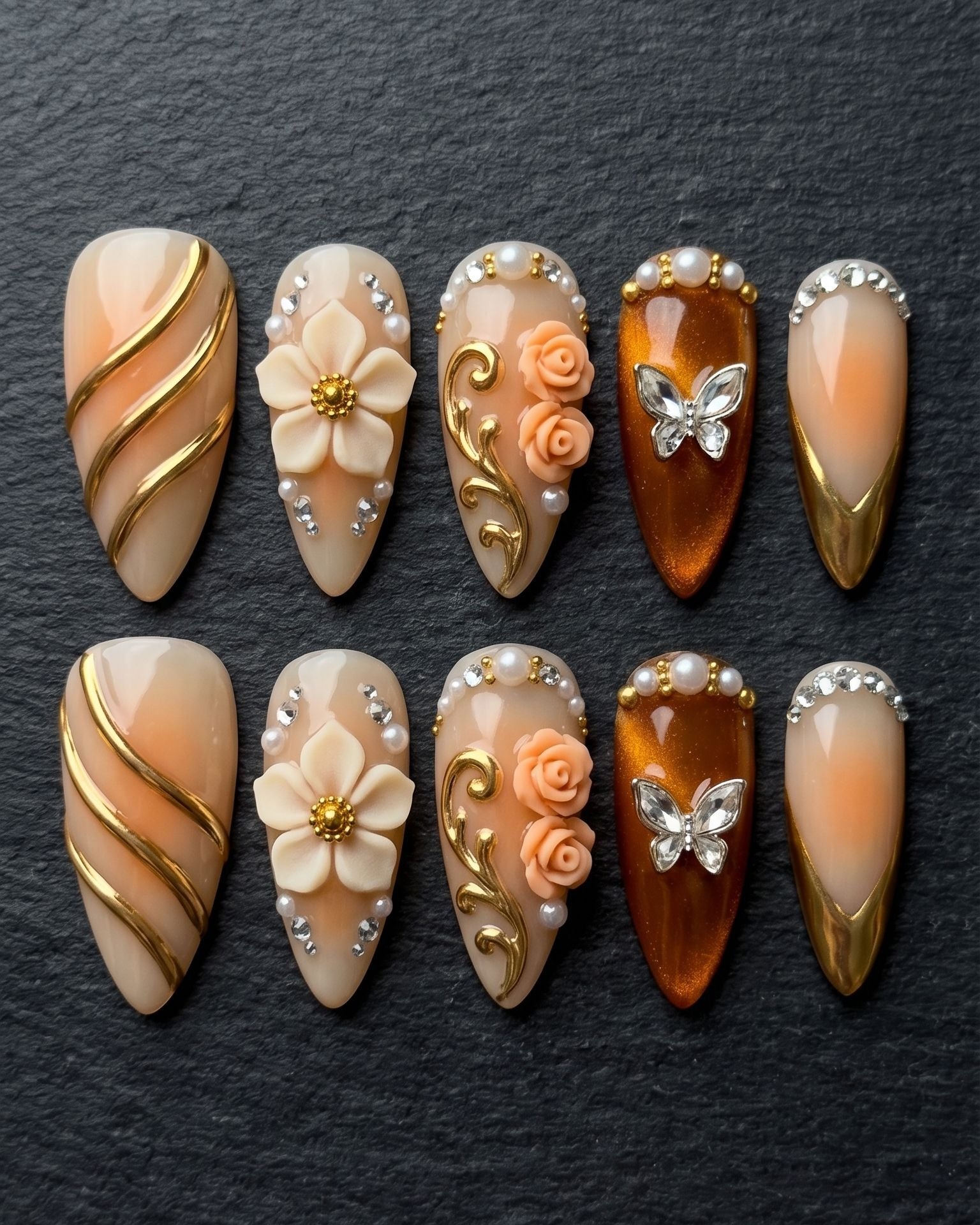 3D Gold Baroque Floral Butterfly Press-On Nails | Champagne Nude Amber | Custom Press-On Nails | LuxepressCo