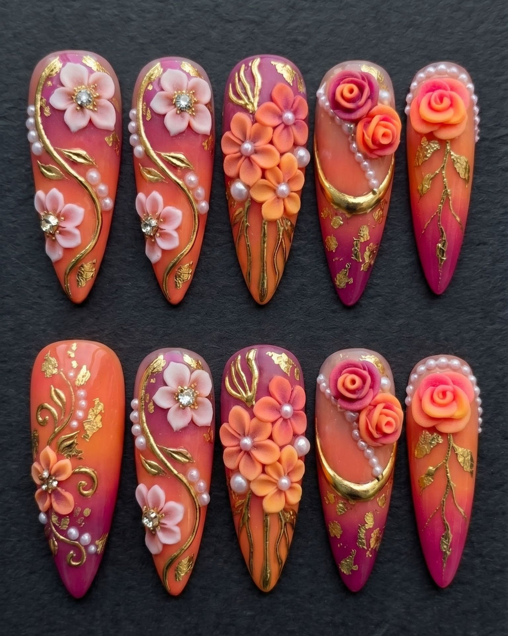 3D Floral Press-On Nails | Orange Pink Ombre Stiletto | Pearl & Rhinestone | Custom Press-On Nails — LuxepressCo