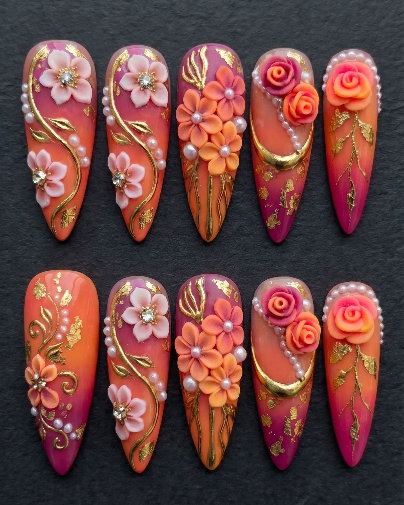 3D Floral Press-On Nails | Orange Pink Ombre Stiletto | Pearl & Rhinestone | Custom Press-On Nails — LuxepressCo