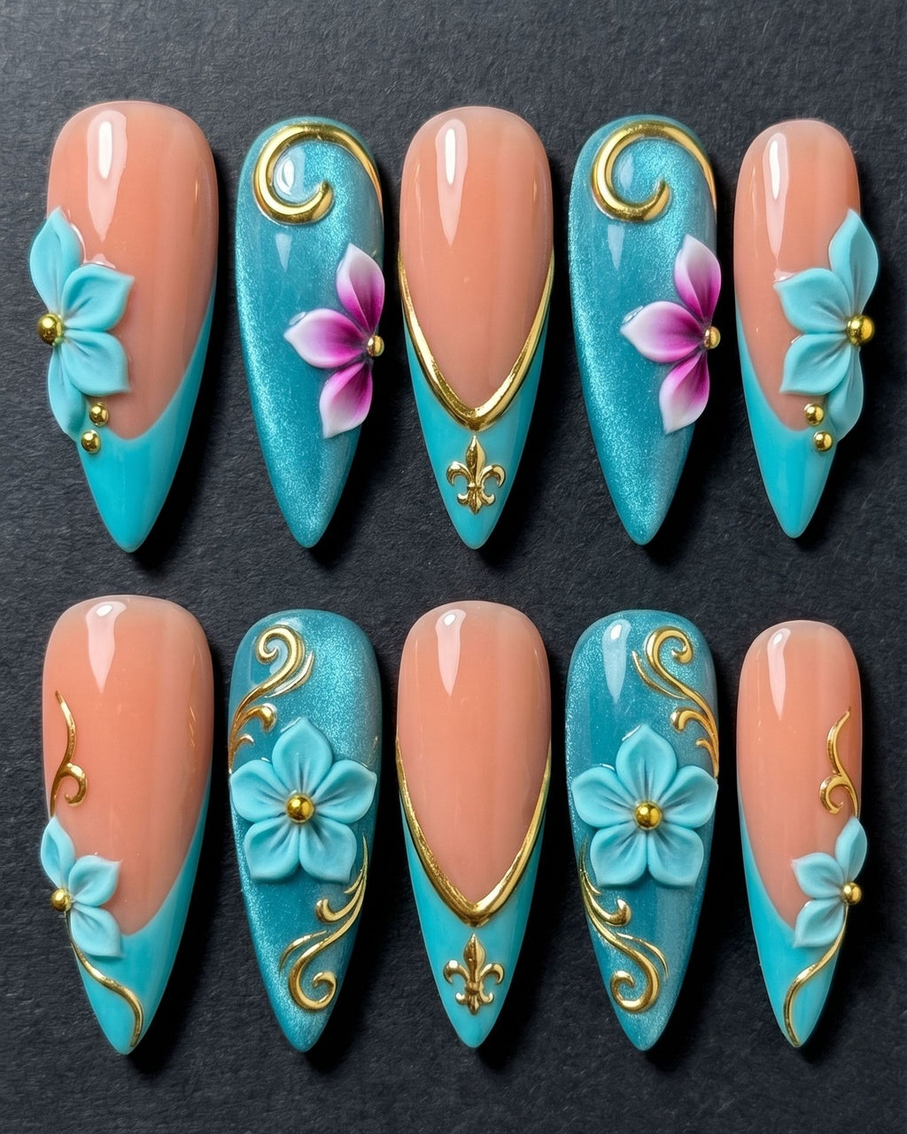3D Floral Press-On Nails Teal Gold | Stiletto Almond Custom Press-On Nails | LuxepressCo