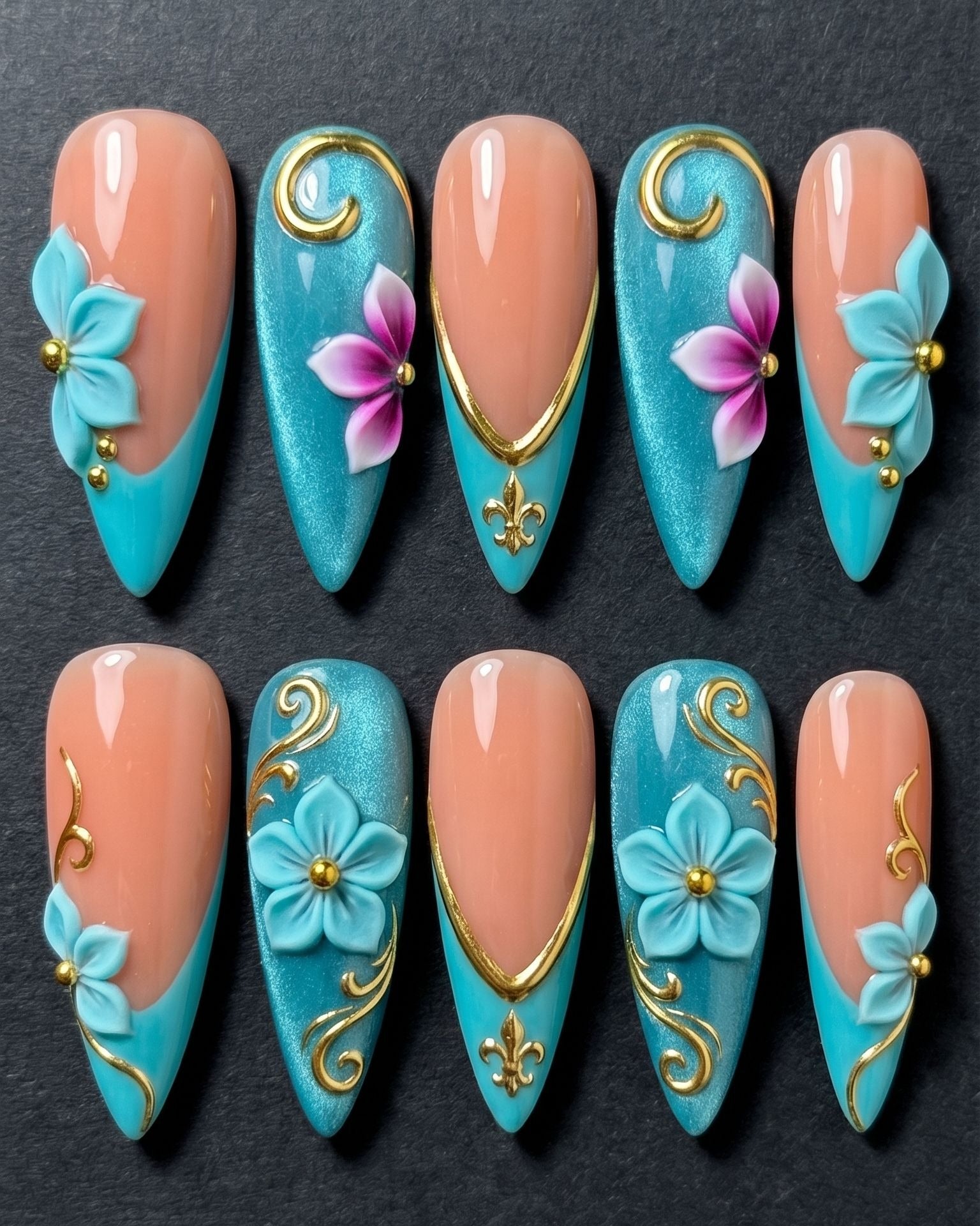 3D Floral Press-On Nails Teal Gold | Stiletto Almond Custom Press-On Nails | LuxepressCo