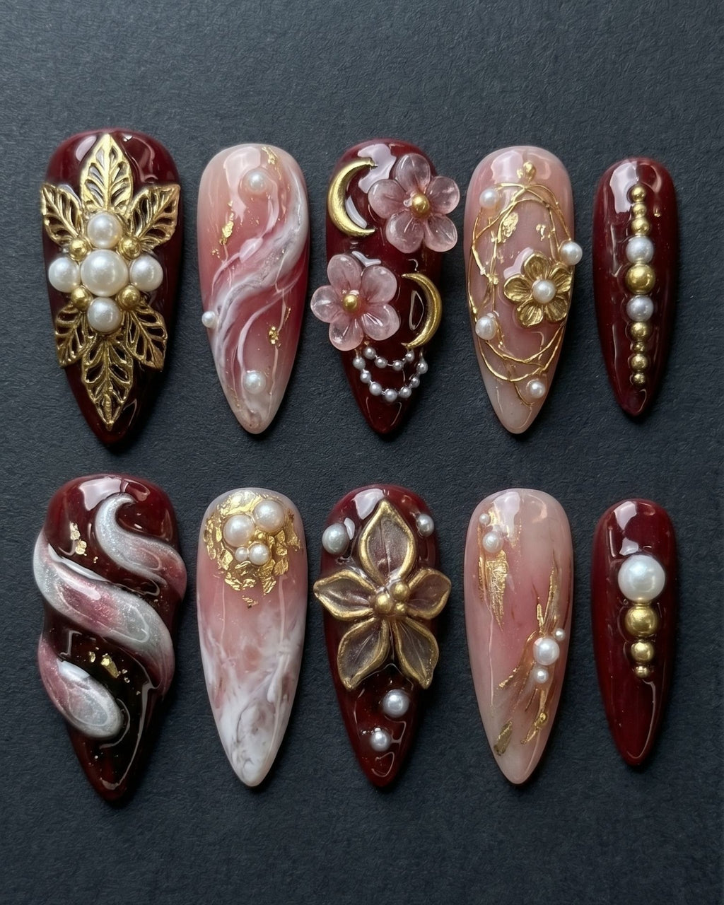 Burgundy Gold 3D Floral Pearl Press-On Nails | Custom Press-On Nails