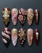 Burgundy Gold 3D Floral Pearl Press-On Nails | Custom Press-On Nails
