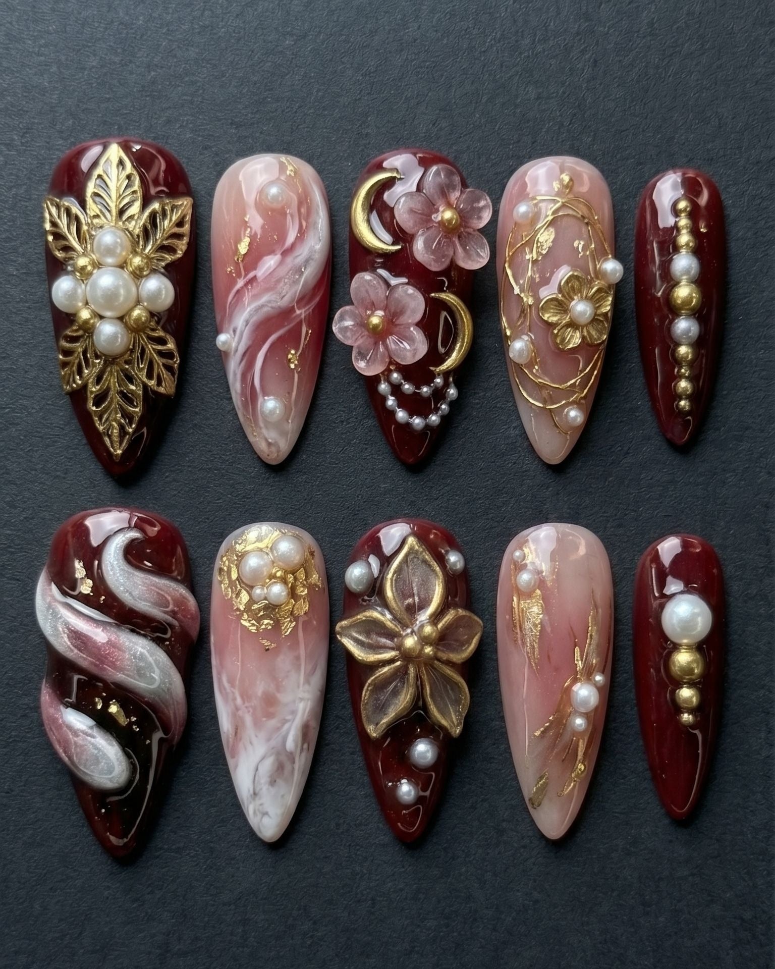 Burgundy Gold 3D Floral Pearl Press-On Nails | Custom Press-On Nails