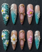 3D Floral Teal Zebra Press-On Nails | Rhinestone Gold Frame | Custom Press-On Nails | LuxepressCo