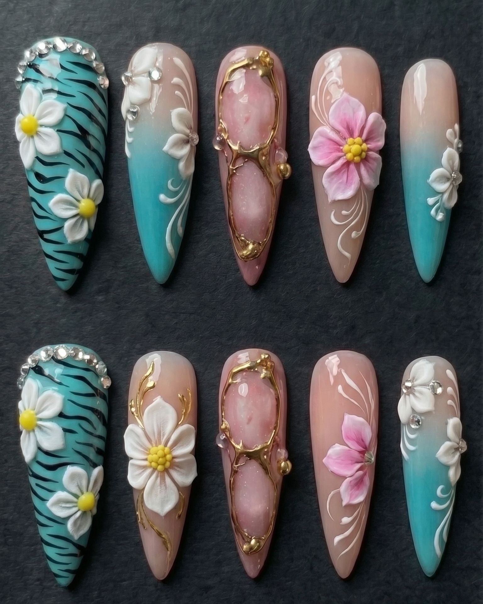 3D Floral Teal Zebra Press-On Nails | Rhinestone Gold Frame | Custom Press-On Nails | LuxepressCo