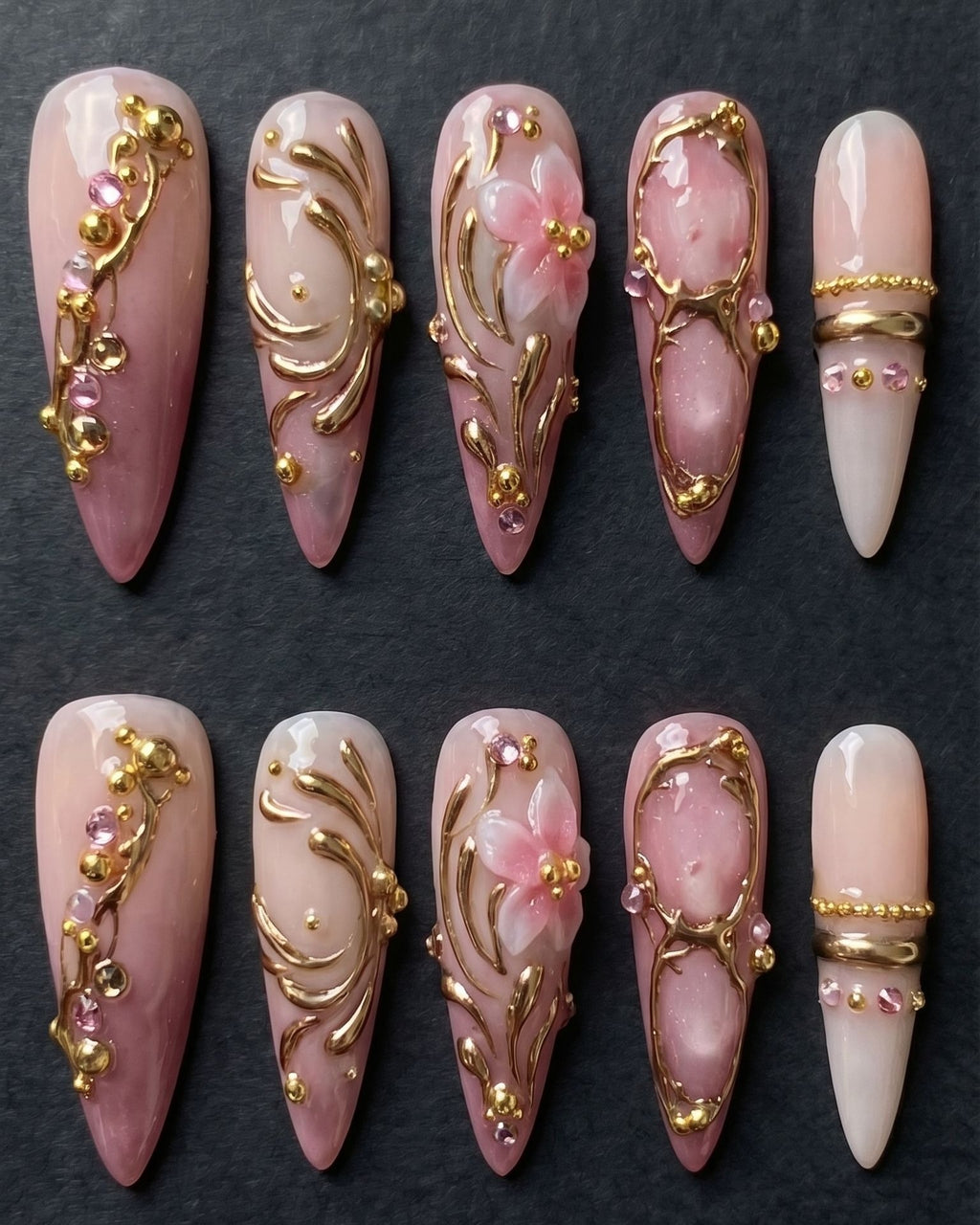 3D Gold Filigree Pink Floral Stiletto Nails | Custom Press-On Nails — LuxepressCo