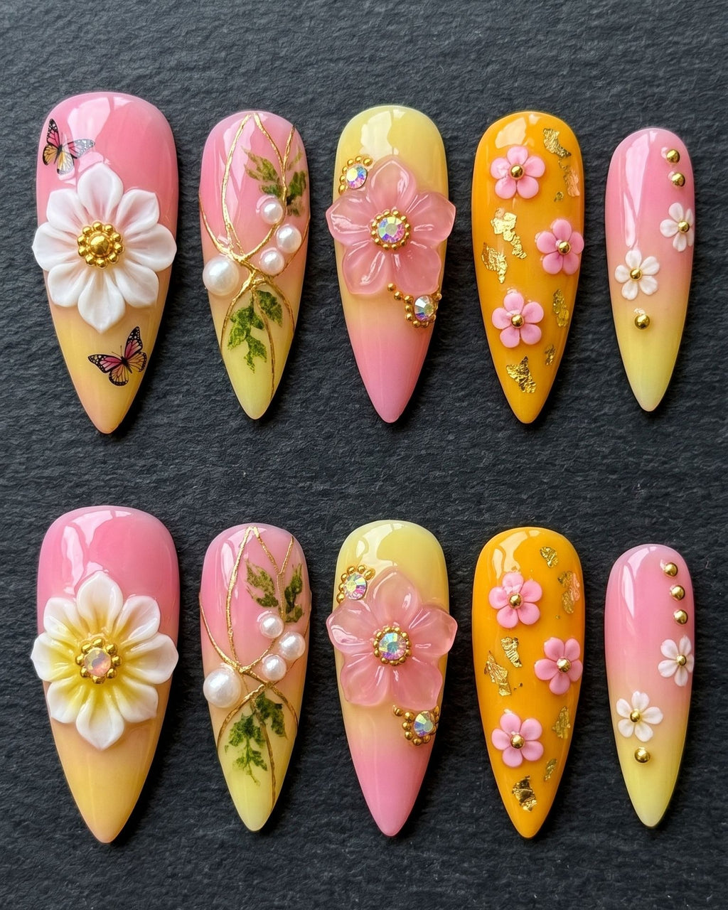 3D Floral Garden Press-On Nails | Pink Orange Ombre Stiletto | Custom Press-On Nails | LuxepressCo