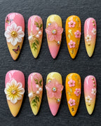 3D Floral Garden Press-On Nails | Pink Orange Ombre Stiletto | Custom Press-On Nails | LuxepressCo