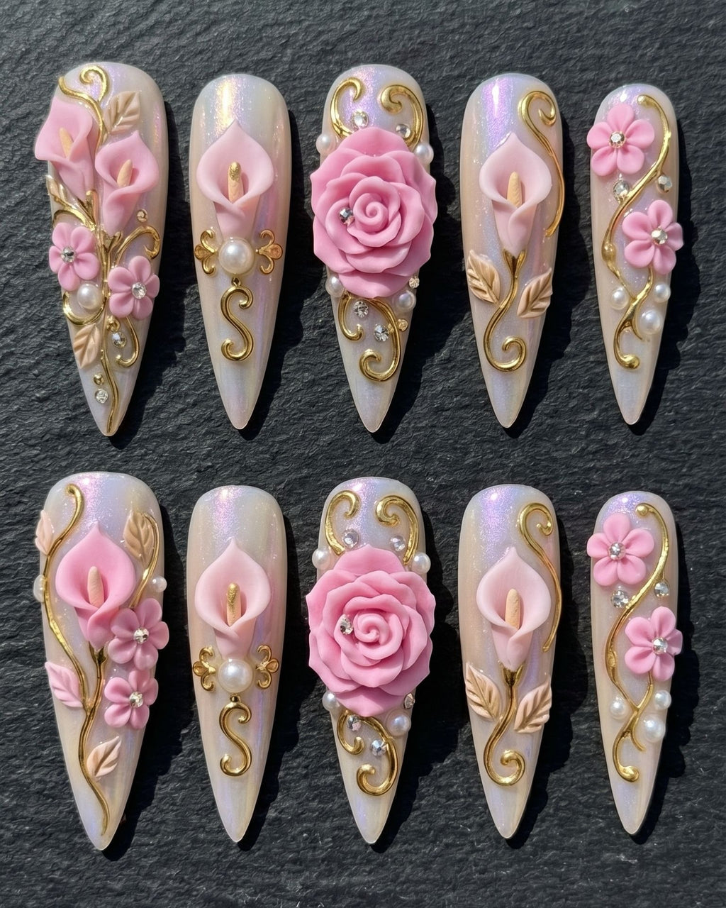 3D Floral Rose & Calla Lily Press-On Nails | Gold Vine Pearl Rhinestone Stiletto | Custom Press-On Nails