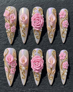 3D Floral Rose & Calla Lily Press-On Nails | Gold Vine Pearl Rhinestone Stiletto | Custom Press-On Nails