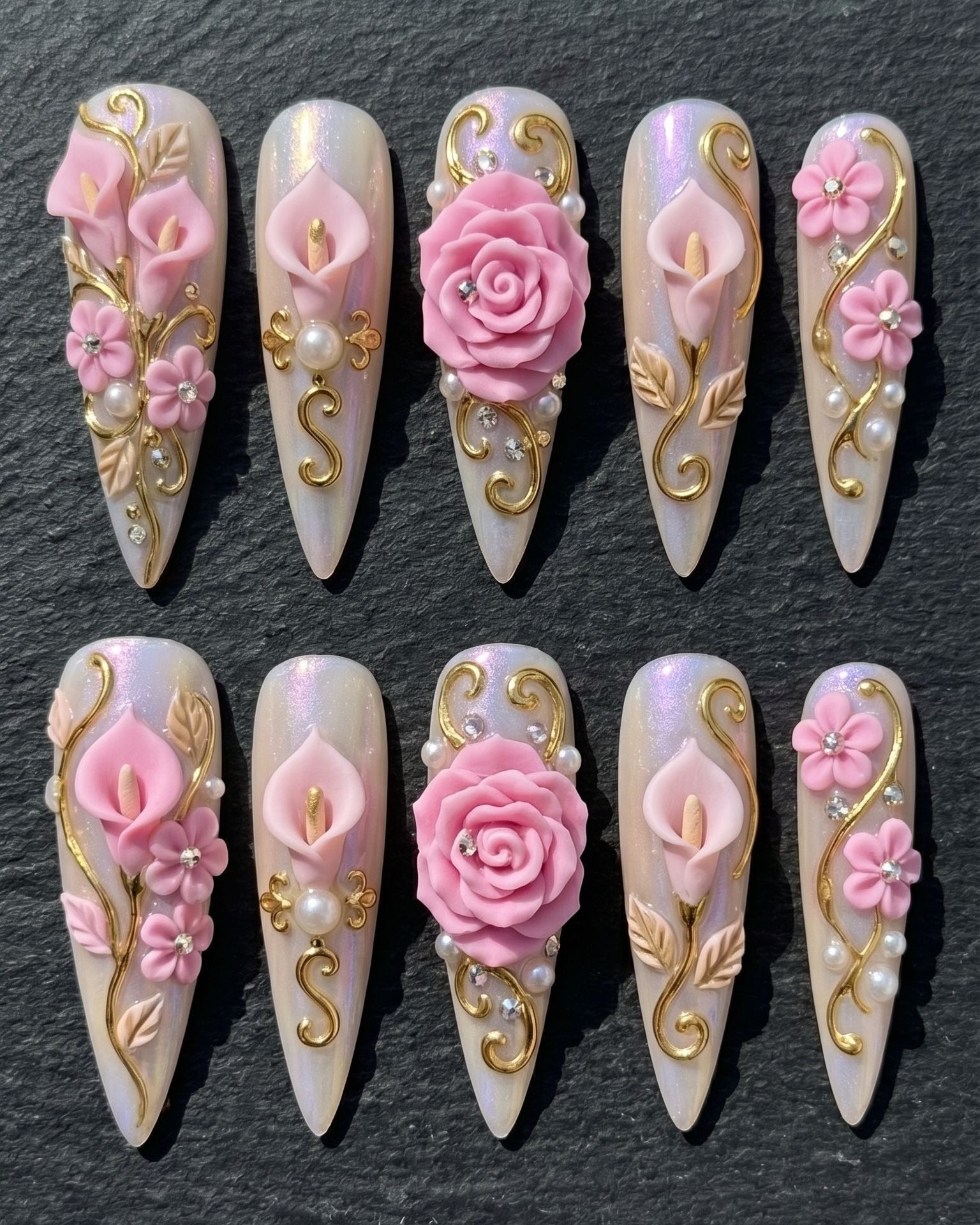 3D Floral Rose & Calla Lily Press-On Nails | Gold Vine Pearl Rhinestone Stiletto | Custom Press-On Nails