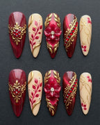 Burgundy Gold Baroque 3D Floral Press-On Nails | Custom Press-On Nails