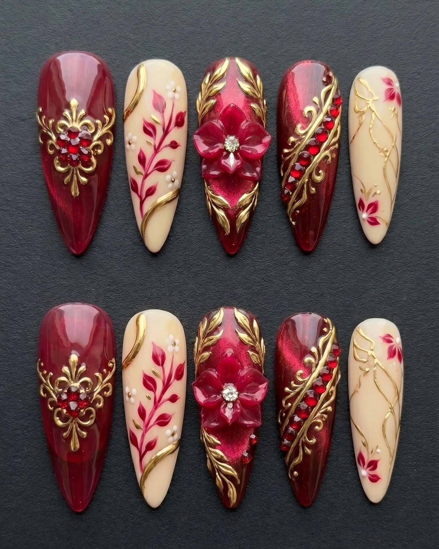 Burgundy Gold Baroque 3D Floral Press-On Nails | Custom Press-On Nails