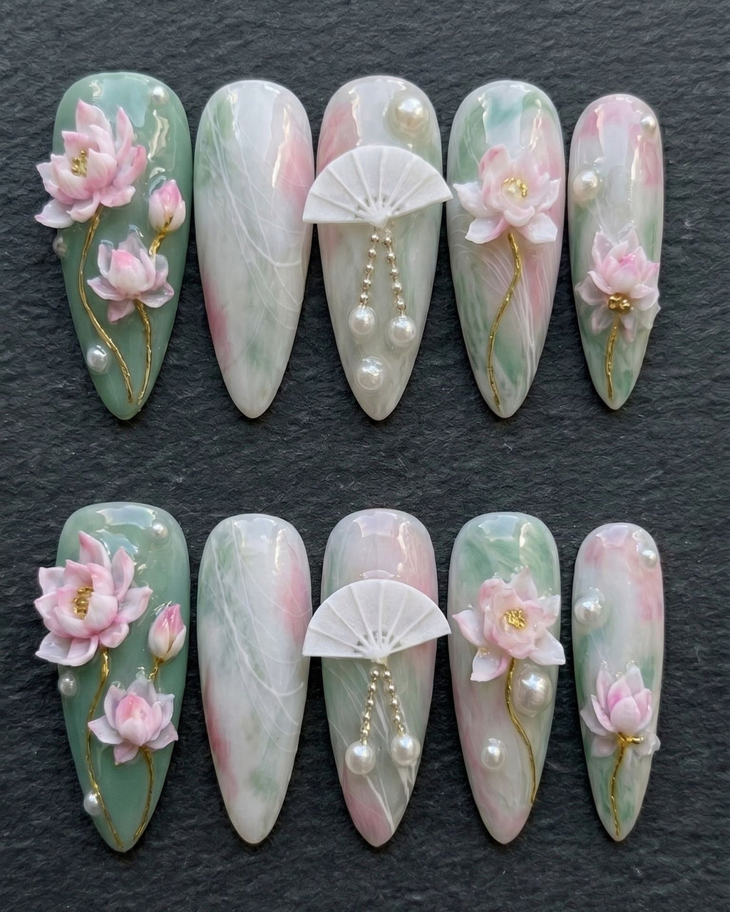 3D Lotus & Pearl Fan Press-On Nails | Jade Green Floral | Custom Press-On Nails