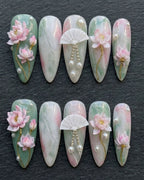 3D Lotus & Pearl Fan Press-On Nails | Jade Green Floral | Custom Press-On Nails