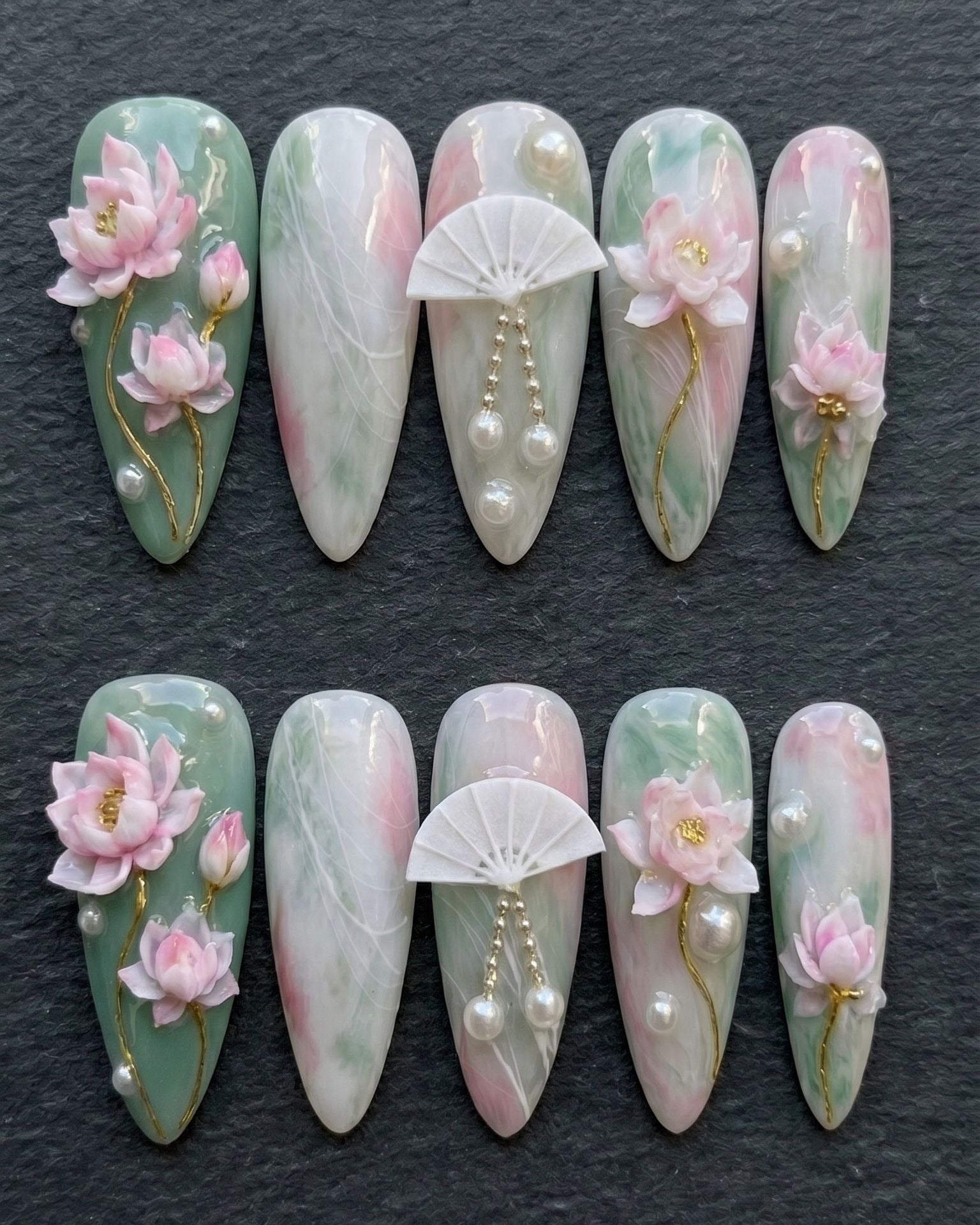 3D Lotus & Pearl Fan Press-On Nails | Jade Green Floral | Custom Press-On Nails