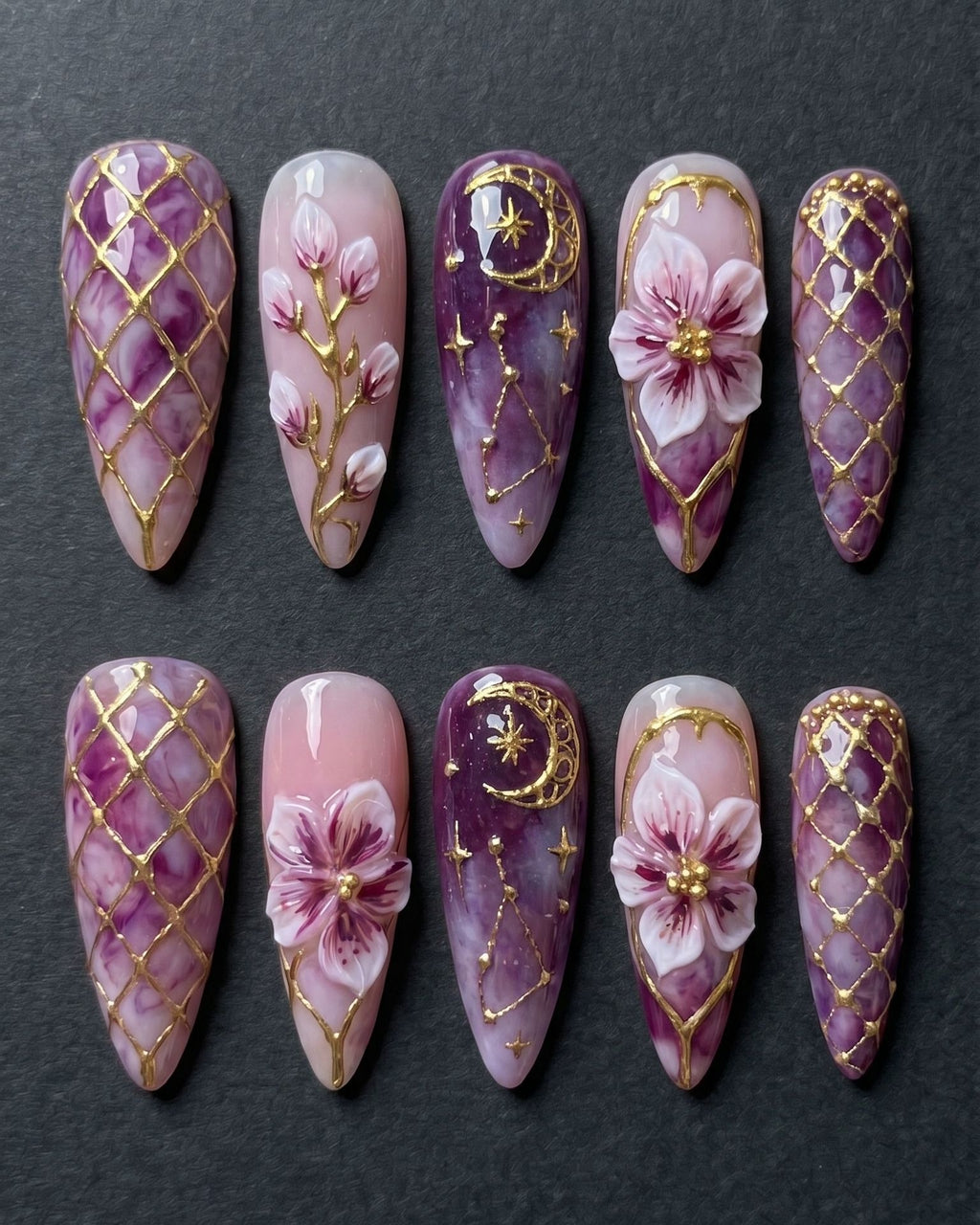 Purple Celestial Floral Press-On Nails | 3D Cherry Blossom & Gold Lattice | Custom Press-On Nails | LuxepressCo