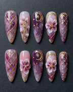Purple Celestial Floral Press-On Nails | 3D Cherry Blossom & Gold Lattice | Custom Press-On Nails | LuxepressCo