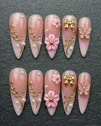 Pink Pearl & 3D Flower Press-On Nails | Gold Filigree Butterfly Bow Stiletto | Custom Press-On Nails | LuxepressCo
