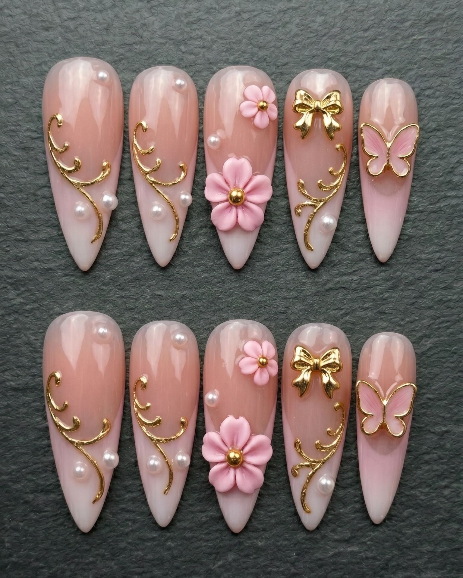 Pink Pearl & 3D Flower Press-On Nails | Gold Filigree Butterfly Bow Stiletto | Custom Press-On Nails | LuxepressCo