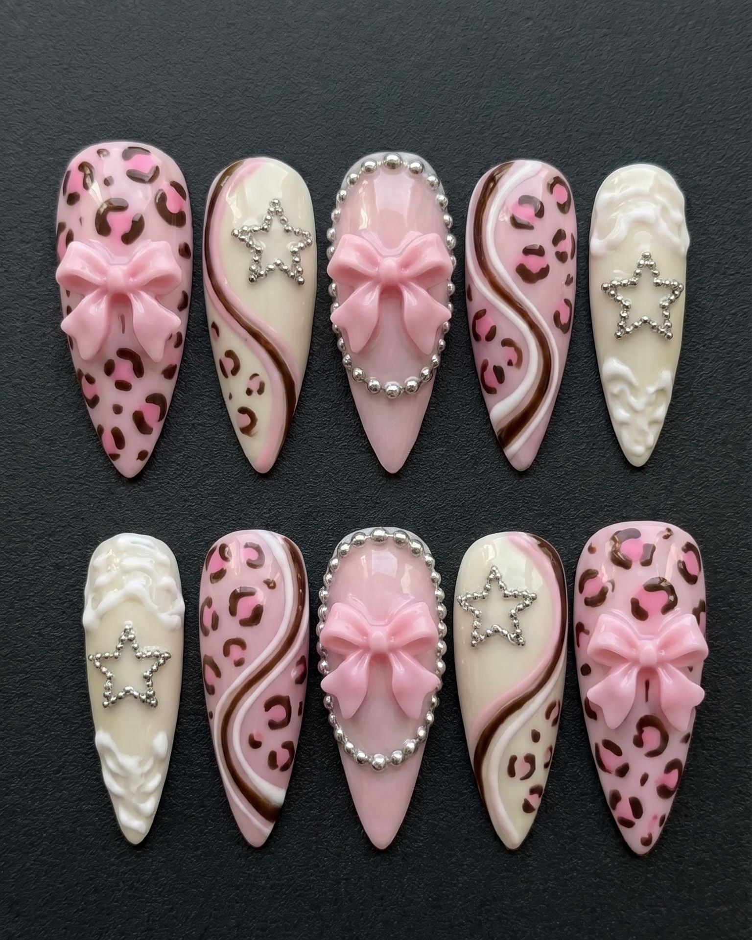 Pink Leopard Print 3D Bow Rhinestone Stiletto Press-On Nails | Custom Press-On Nails