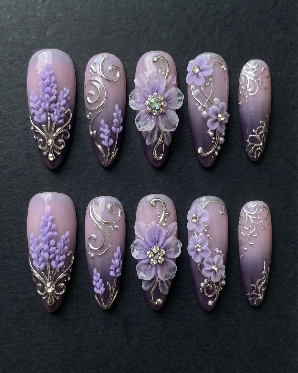 Purple Lavender 3D Floral & Crystal Press-On Nails | Silver Filigree Rhinestone | Custom Press-On Nails