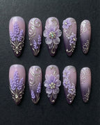 Purple Lavender 3D Floral & Crystal Press-On Nails | Silver Filigree Rhinestone | Custom Press-On Nails