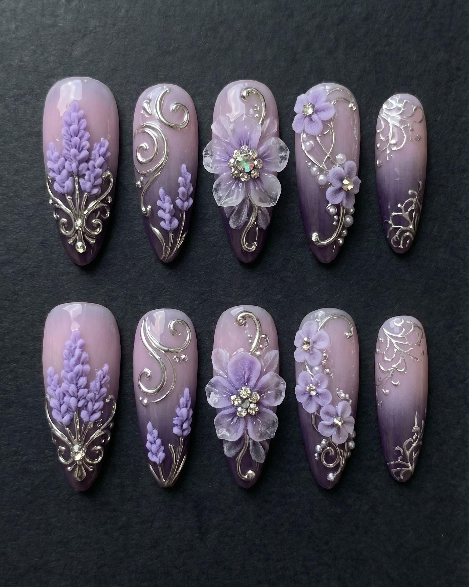 Purple Lavender 3D Floral & Crystal Press-On Nails | Silver Filigree Rhinestone | Custom Press-On Nails