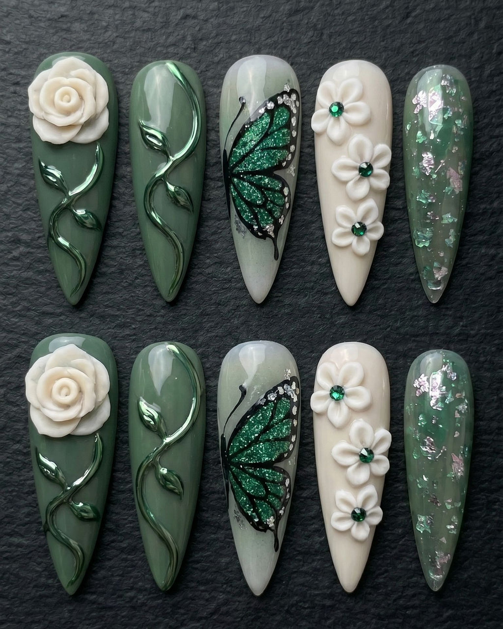Sage Green Butterfly & 3D Rose Press-On Nails | Custom Press-On Nails