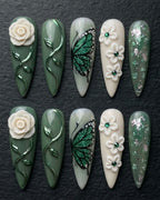 Sage Green Butterfly & 3D Rose Press-On Nails | Custom Press-On Nails