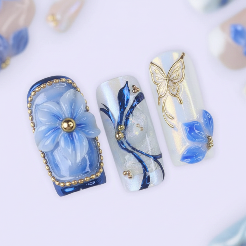 Macro close-up blue floral 3D nails