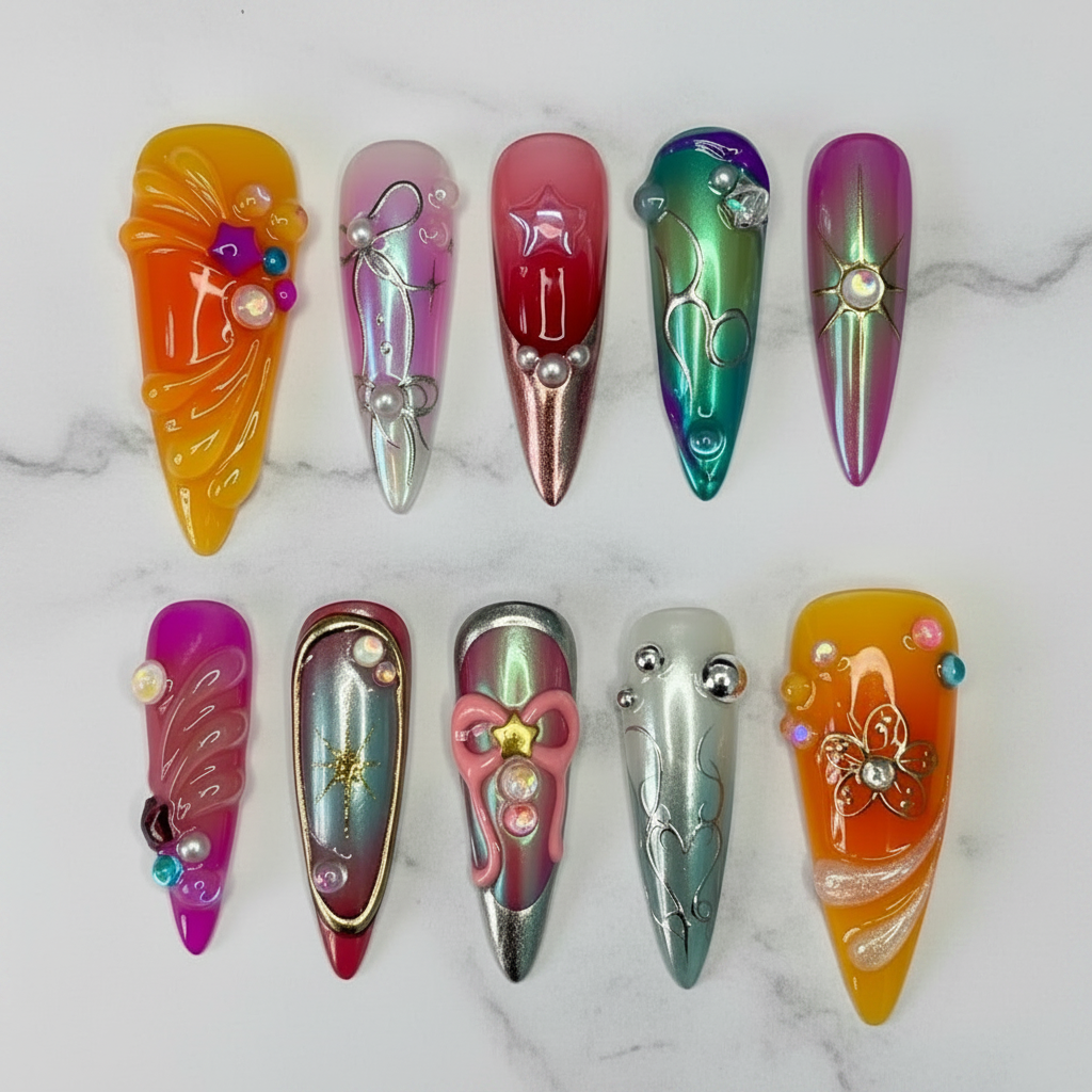 Maximalist chrome jelly chameleon custom press-on nails flat lay overhead marble — LuxepressCo