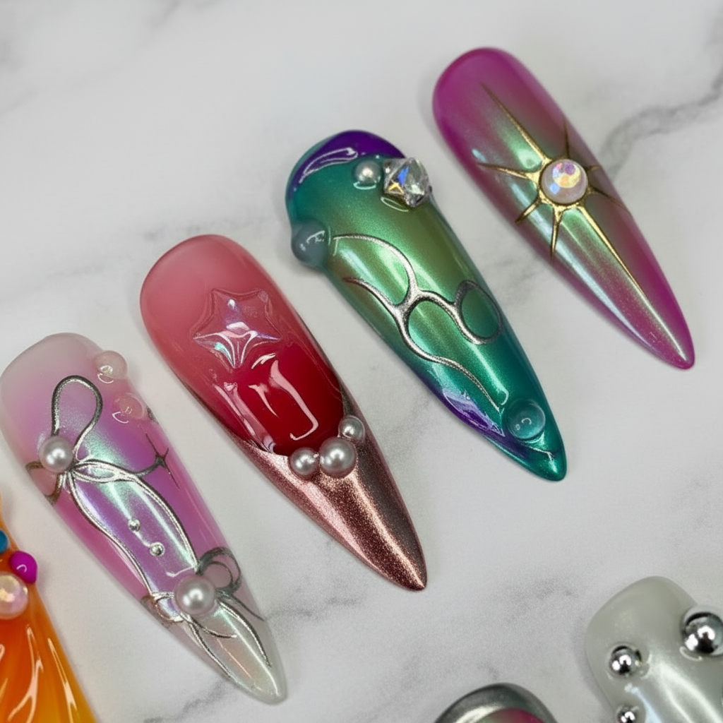 Maximalist chrome jelly chameleon custom press-on nails macro marble texture gloss — LuxepressCo