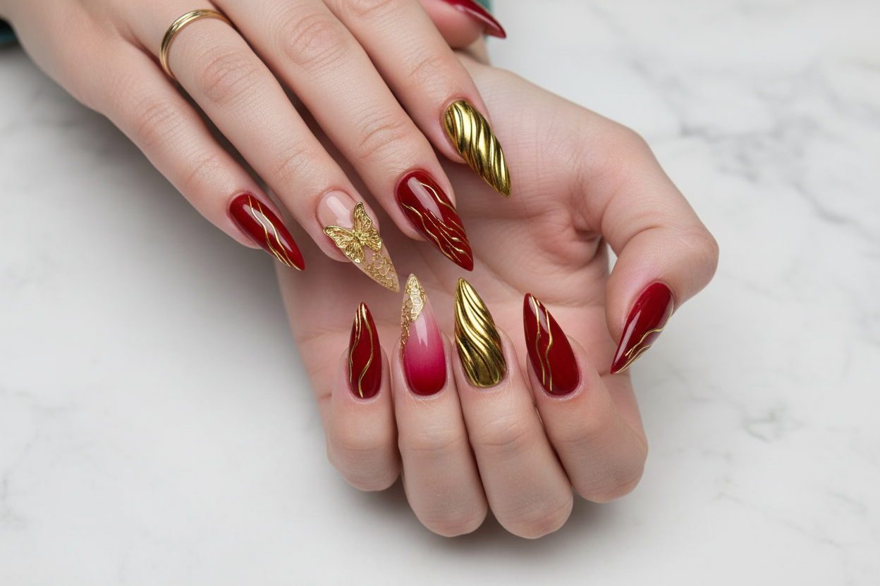Red Gold Butterfly Nails on Fair Skin