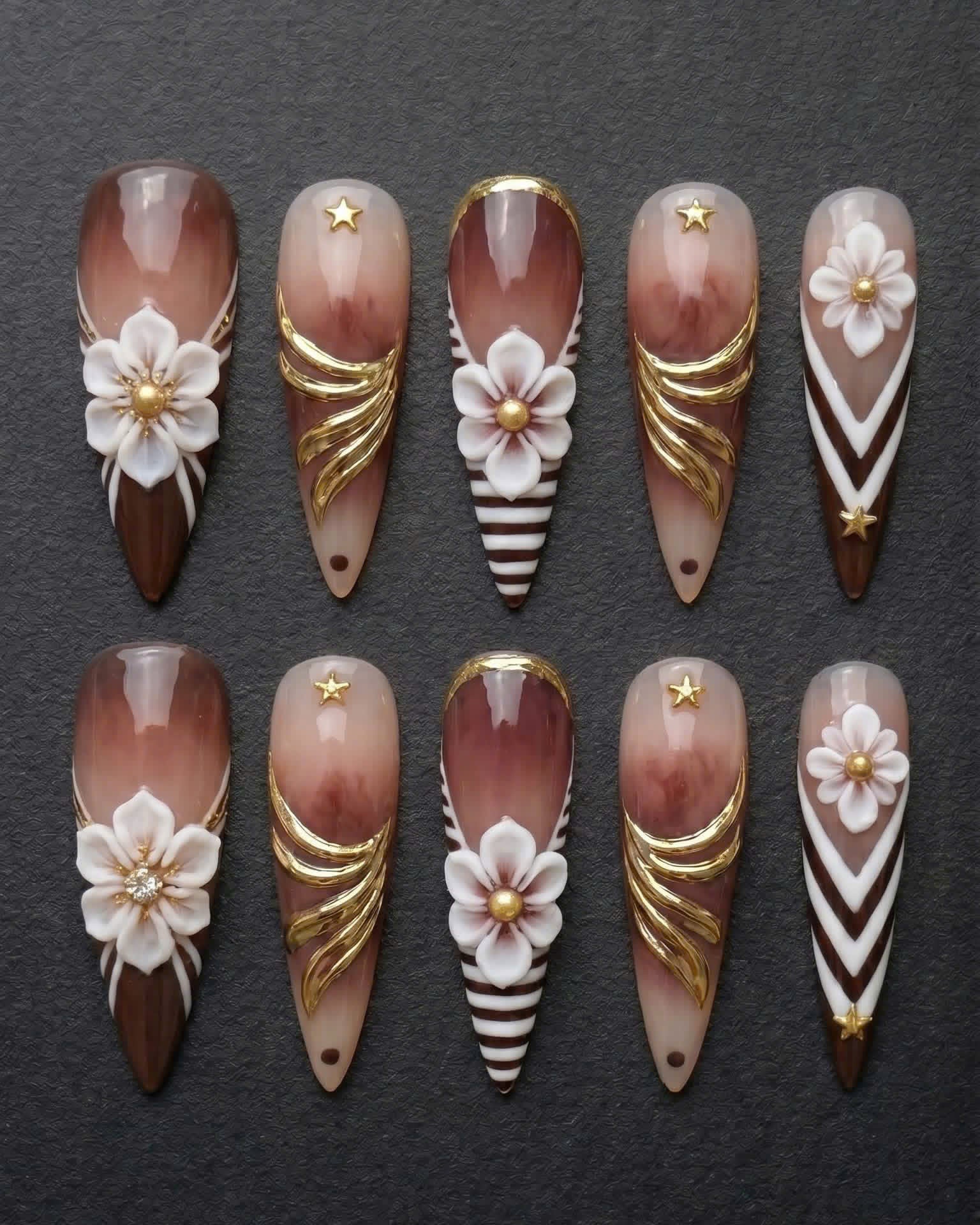 Brown Ombre 3D Floral Gold Foil Press-On Nails | Custom Press-On Nails